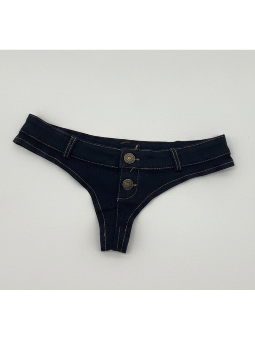 Black Blue Denim Thong Panties with Button Detail, Size M
